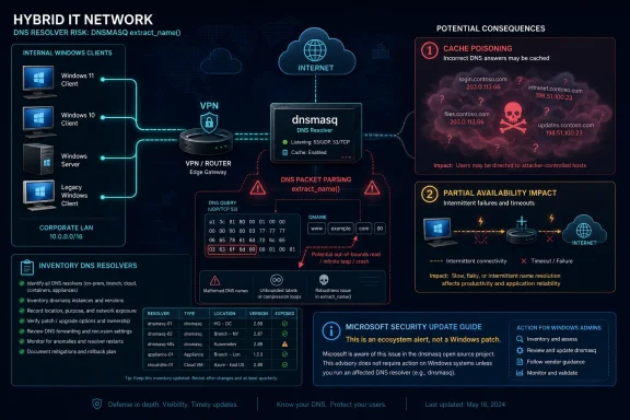 Cybersecurity infographic showing a hybrid IT DNS risk in dnsmasq with potential cache poisoning and availability impacts.