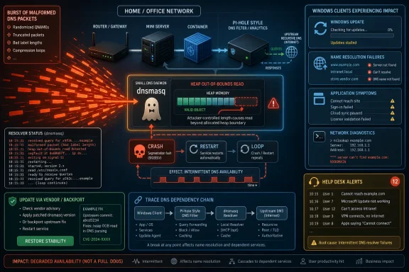 Cybersecurity dashboard illustrating dnsmasq heap overflow crash causing intermittent DNS failures and Windows update issues.