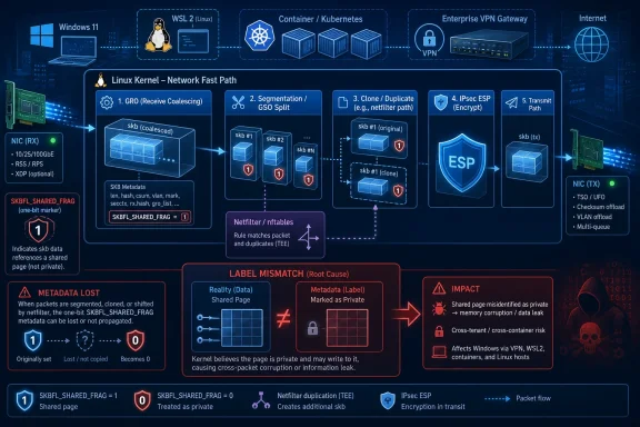 Diagram showing Linux kernel packet processing with GR0, netfilter cloning, IPsec encryption, and metadata label mismatch risks.