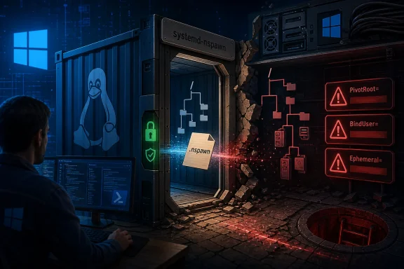 Hacker at a workstation facing a breached “Systemd-nspawn” container with red warning icons and shattered blocks.