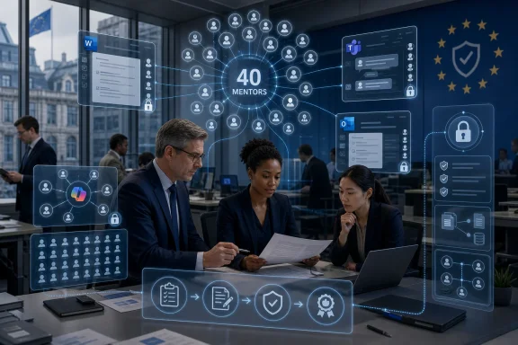 Business team reviewing documents at an office while a digital “40 mentors” network interface overlays the scene.