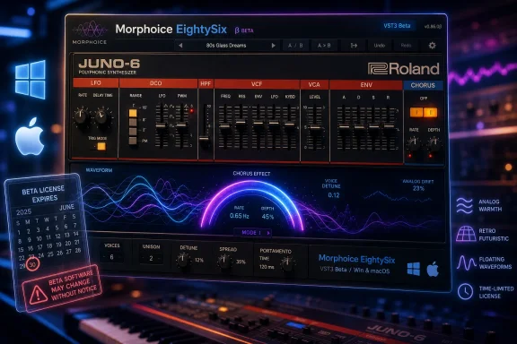 Neon display of the Roland Juno-6 “Morphoice EightySix” beta synth plugin interface with glowing waveforms and knobs.