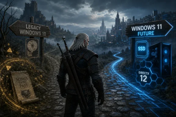 A witcher-like warrior stands in a dark city street, facing Windows 10 legacy vs Windows 11 future tech signs.