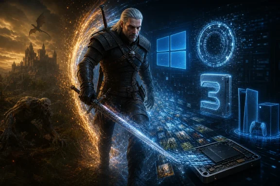 Warrior with sword sparks in a medieval fantasy battle while facing glowing Windows and game icons in cyberspace.