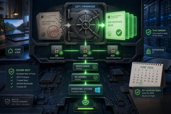 UEFI firmware security flow with validated certificates and verified boot on a server-chip background.