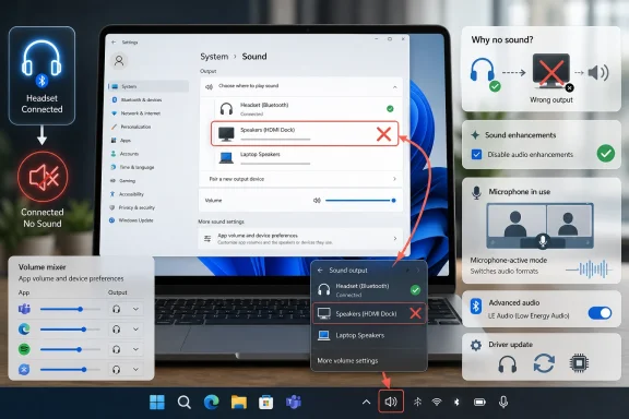 Windows sound settings show HDMI Dock speakers selected but muted, with no-audio troubleshooting overlays.