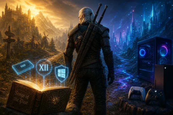 A witcher stands between fantasy ruins and a neon cyberworld, with magic icons, a book, and gaming PCs.
