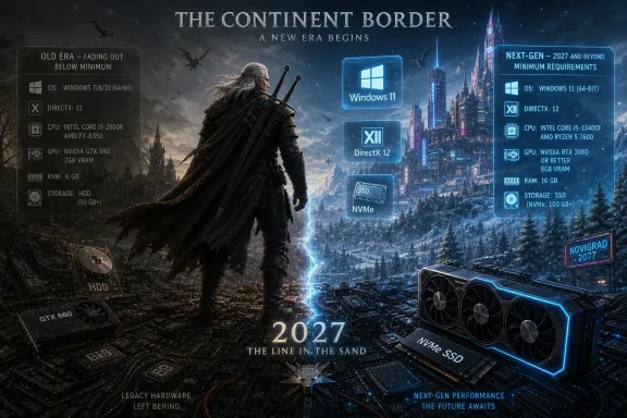 Futuristic game graphic comparing legacy vs next-gen PC requirements with a warrior, city skyline, and graphics cards.
