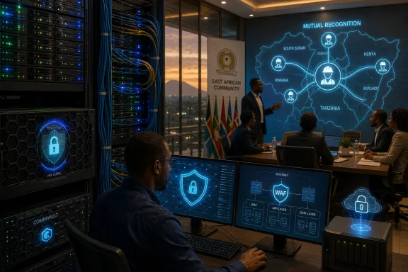 IT team reviews East Africa “mutual recognition” on security screens beside data center servers.
