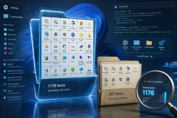 Futuristic Windows settings interface showing 1176 items beside a classic panel with 207 items and a search lens.