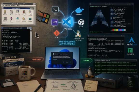Developer toolbox collage showing coding tools, Linux terminals, and Docker icons on a desk/workstation theme.