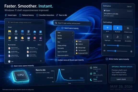 Promotional graphic for Windows 11 faster performance with instant search, quick settings, and smoother interactions.