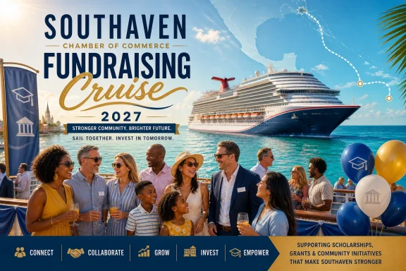 South Haven Chamber of Commerce 2027 fundraising cruise with smiling community aboard a ship by the sea.