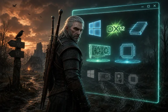 Witcher-like warrior stands in foggy ruins as a glowing DX12 tech UI overlays the scene.