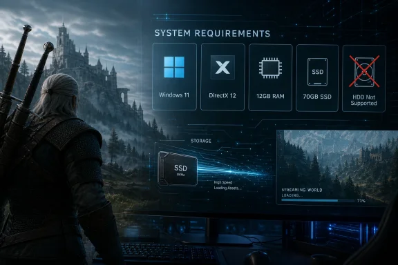 A gamer stands by a monitor showing PC system requirements: Windows 11, DirectX 12, RAM, SSD, and HDD not supported.