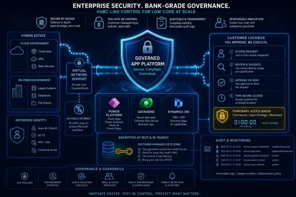 Infographic showing enterprise governed app platform with security, governance, lockbox approvals, and audit logs.