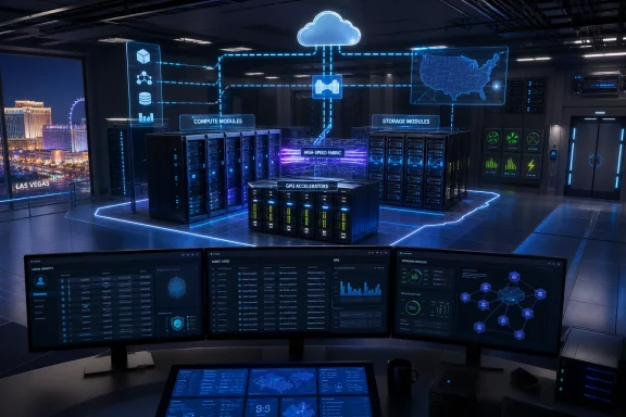 Futuristic data center with glowing network diagrams, servers, and monitors showing cloud infrastructure.