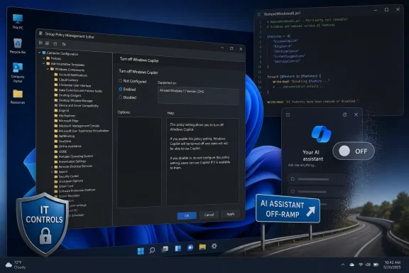 Windows Group Policy editor window showing “Turn off Windows Copilot,” with AI assistant toggle set to OFF.
