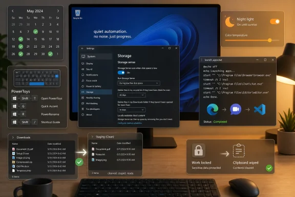 Multi-panel Windows desktop mockup showing storage settings, scripts, night light, and file cleanup status.