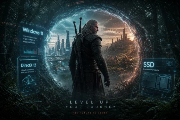 Geralt stands before a glowing tech portal linking Windows 11, DirectX 12, and SSD in a futuristic forest.