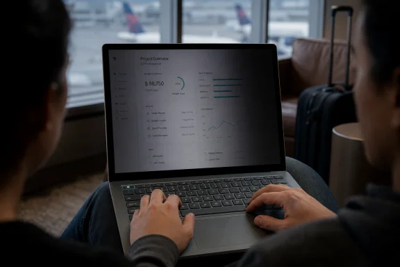 Person working on a laptop with project analytics and budget dashboard displayed in a modern office.