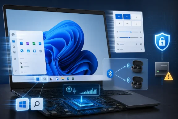 Blue tech-themed laptop interface displays a Bluetooth audio connection with wireless earbuds.