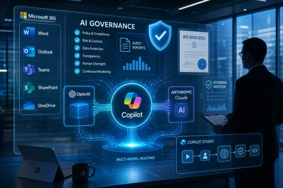 Businessman overseeing Microsoft 365 AI governance controls, audit reports, and Copilot studio in a futuristic office.