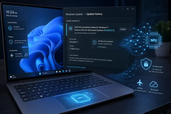 Laptop screen shows Windows update history with AI/NPU and on-device privacy indicators.