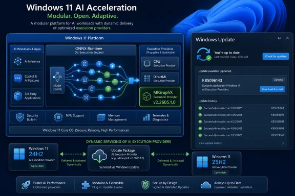 Windows 11 AI acceleration infographic showing modular execution providers and a Windows Update screen.