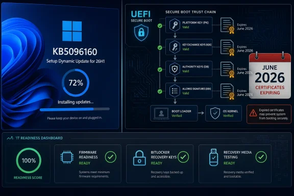 IT readiness dashboard shows Windows update progress and a verified UEFI secure boot trust chain for June 2026 certificates.