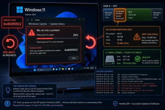 Windows 11 update rollback failure shown with error code 0x800f0922 and EFI system partition space warning.
