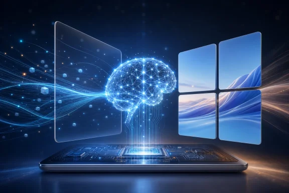 Futuristic laptop displays a glowing digital brain linked to network lines and four window panels.