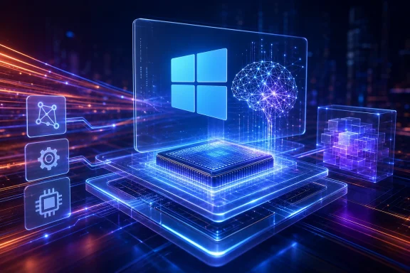 Futuristic holographic interface with a glowing chip, data network icons, and neon light trails.