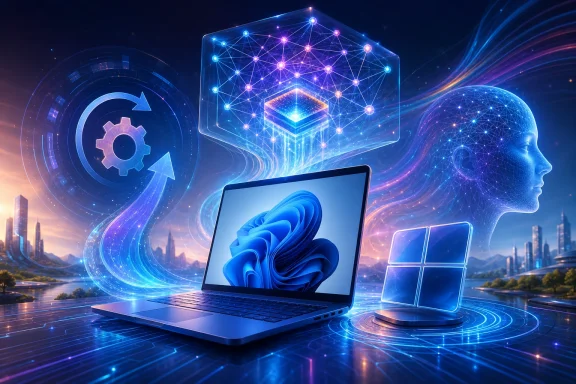 Futuristic AI network overlay with a laptop, neural nodes, and cloud storage icons in neon blue.