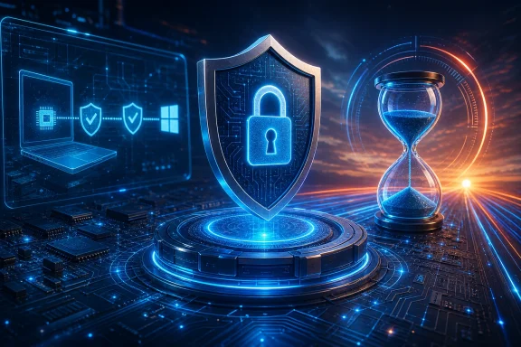 Digital cyber security scene with glowing shield, locked icon, and an hourglass against a futuristic circuit board.