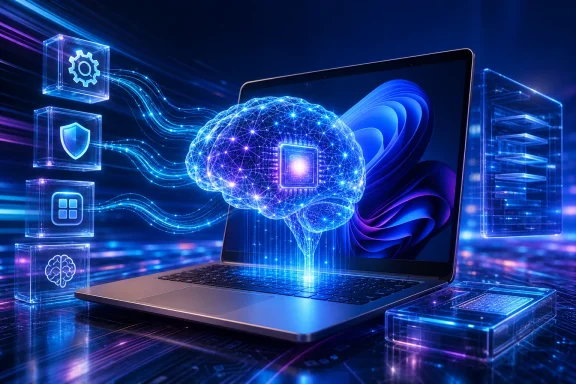 Futuristic laptop with a glowing digital brain and connected cybersecurity icons in blue light.