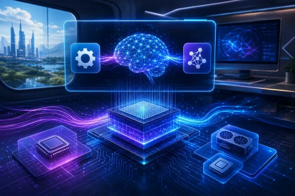 Futuristic server chip connected to a glowing AI network, with digital icons on a blue tech circuit board.
