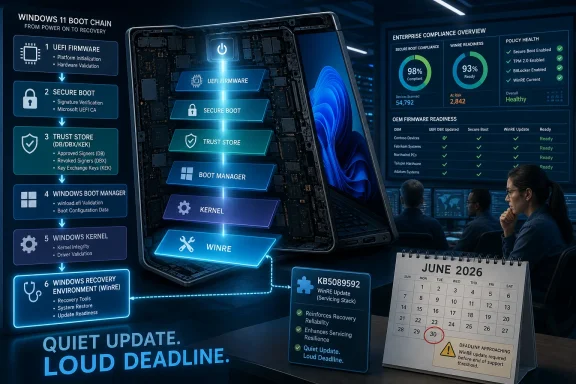 Futuristic Windows 11 secure boot boot chain graphic with compliance dashboard, update KB card, and June 2026 calendar.