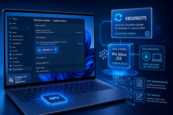 Laptop shows Windows Update success for KB5096575 with AI processing and text tools UI in blue.
