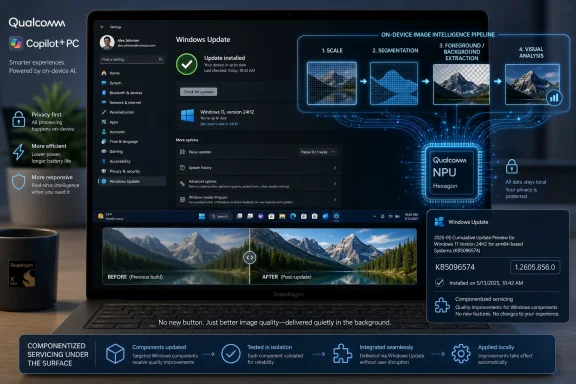 A Qualcomm Windows update screen shows on-device image intelligence pipeline and local privacy benefits on a laptop.