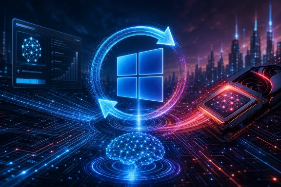 Futuristic data center scene with a glowing cloud icon, arrows, and a PCIe chip on a neon city.
