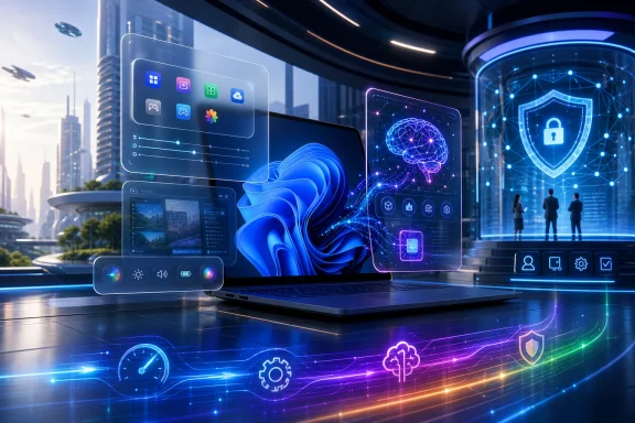 Futuristic AI cybersecurity dashboard with holographic brain, lock, and network shield over a laptop.
