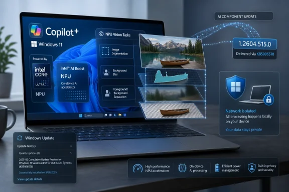 A laptop screen shows Windows 11 AI features like Copilot+, Intel NPU, and local private processing.