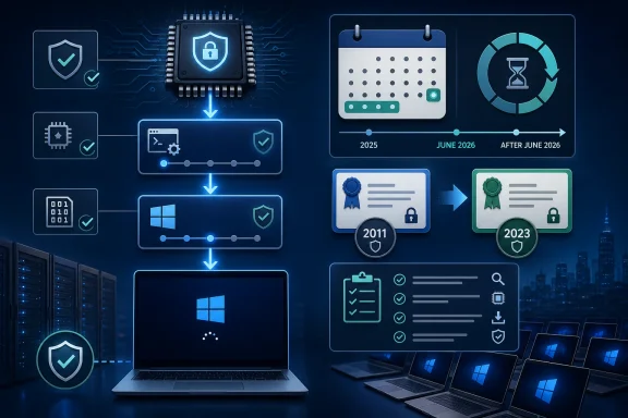 Futuristic cybersecurity workflow diagram with chips, calendars, certificates, and encrypted validation on servers.