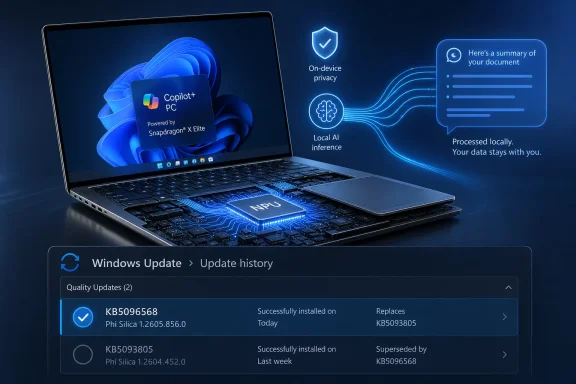 Futuristic laptop display shows Copilot PC, on-device privacy, local AI, and Windows Update history.