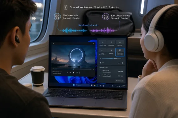 Two people share synchronized audio via Bluetooth LE on a laptop screen, with waveforms for each listener.