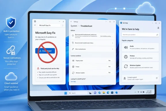 Windows laptop showing Microsoft Easy Fix and troubleshooting options on a blue cloud-themed interface.