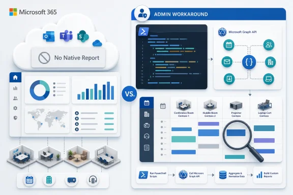 Microsoft 365 admin workaround diagram comparing no native report to Graph API workflow with data aggregation.