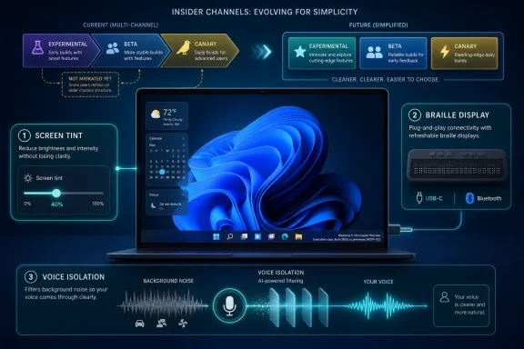 Tech infographic showing simplified insider channels plus screen tint, braille display, and voice isolation features.