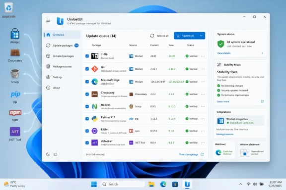 UniGetUI on Windows showing an update queue of 14 packages with all systems operational.